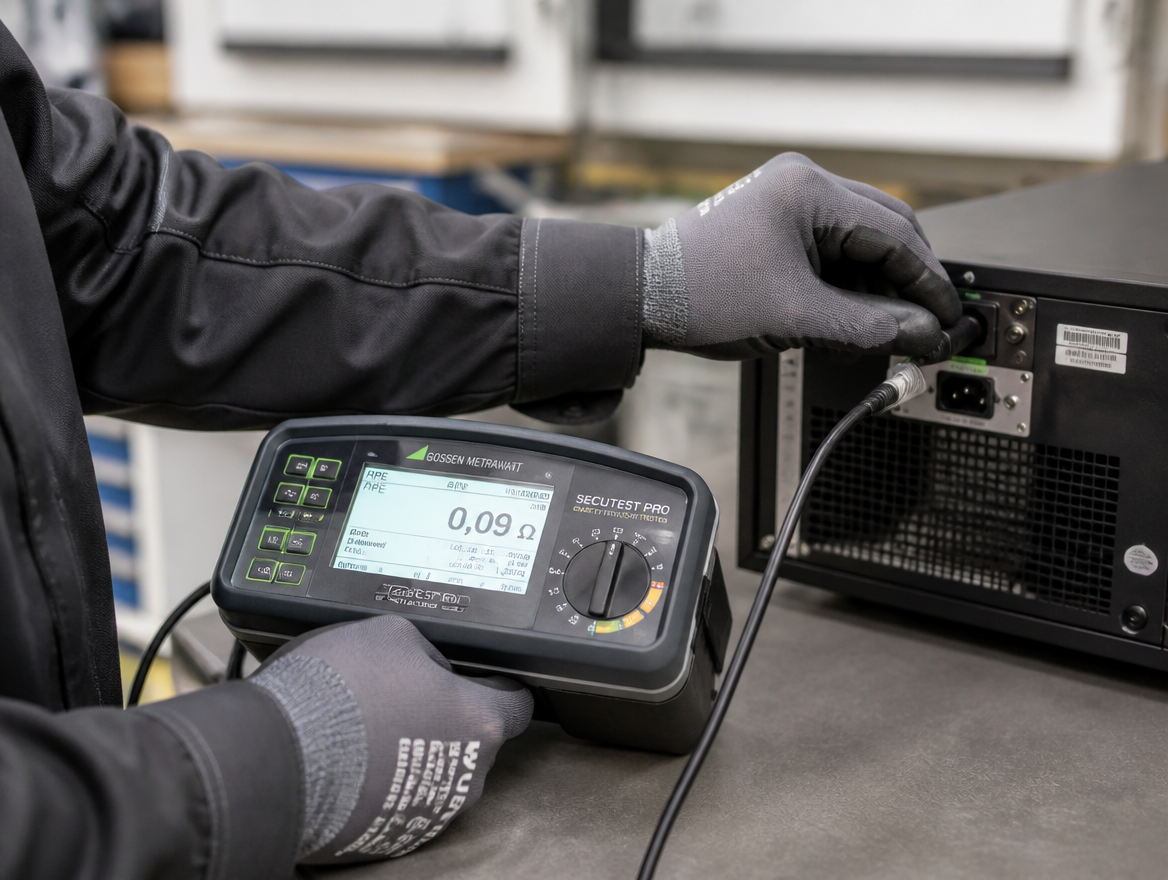 Techniker führt eine DGUV V3-Prüfung an einem elektrischen Gerät durch