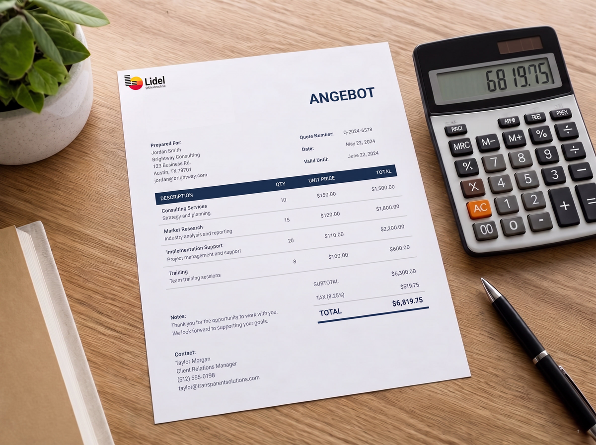 Angebot der Lidel Gebäudetechnik GmbH mit Taschenrechner