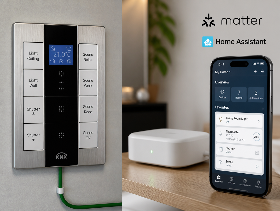 KNX-Schalttafel neben Smart-Home-Steuerung auf einem Smartphone