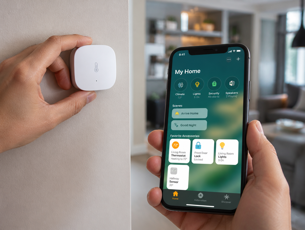 Smart-Home-Sensor wird an einer Wand montiert