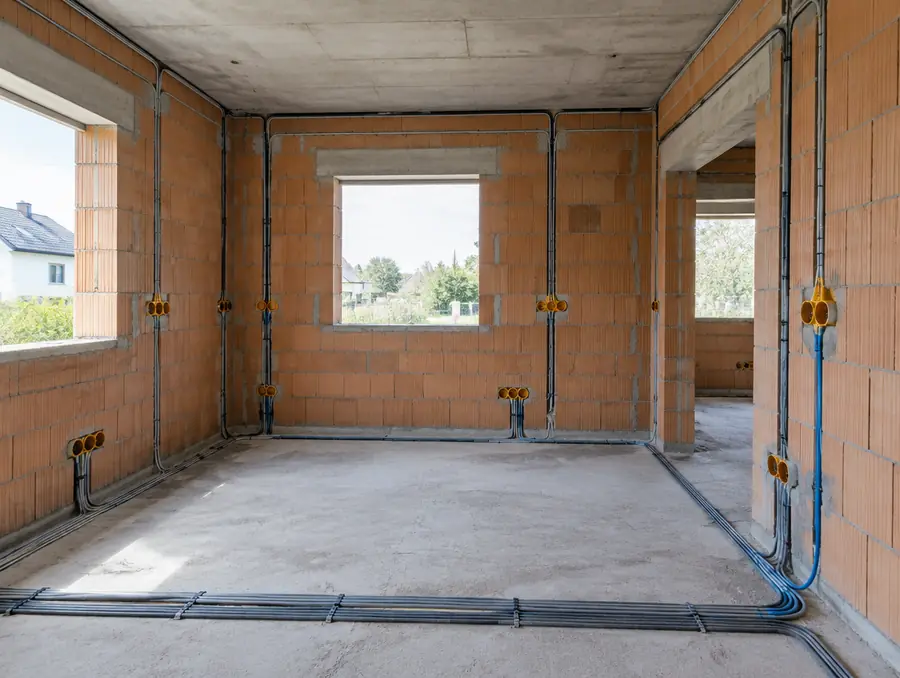 Rohbau mit verlegten Leerrohren und Leitungen für die Elektroinstallation