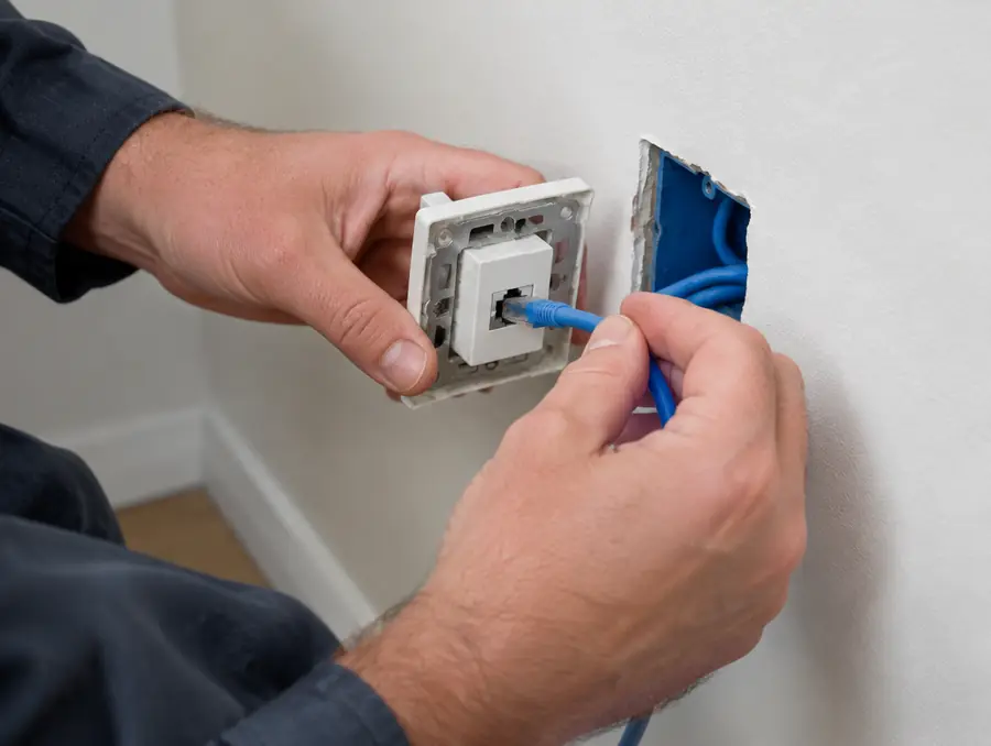 Elektriker setzt eine Netzwerkdose mit blauem Netzwerkkabel in die Wand