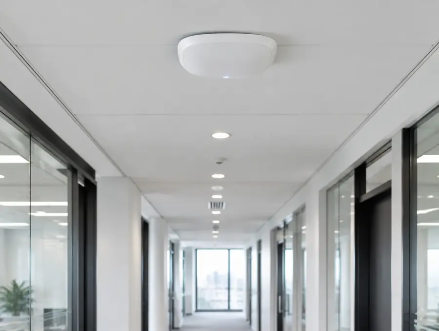 Weißer WLAN-Access-Point an der Decke eines hellen Büroflurs
