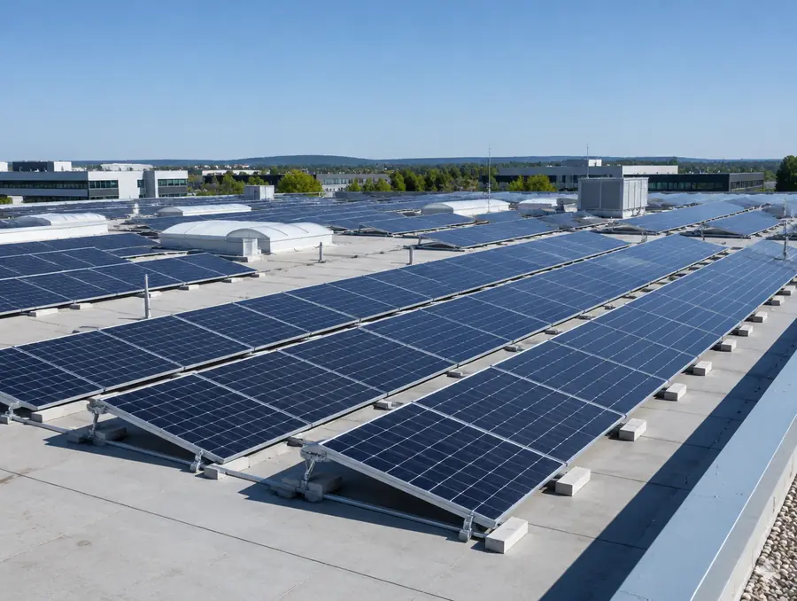 Flachdach eines Gewerbegebäudes mit Reihen von Photovoltaikmodulen