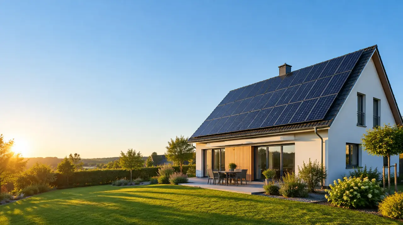 Einfamilienhaus mit Photovoltaikanlage auf dem Dach bei tiefstehender Sonne