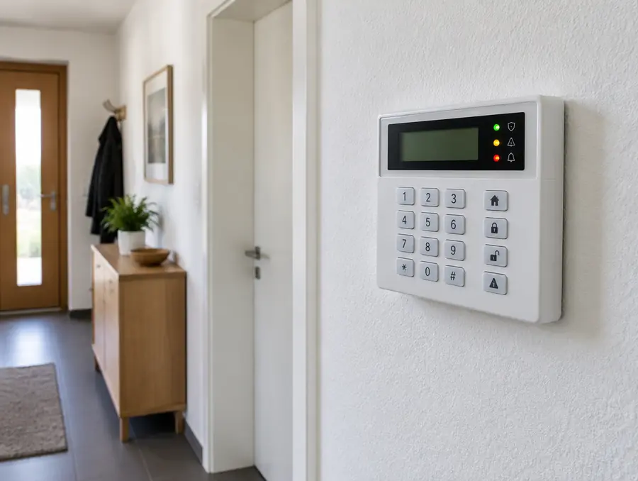Bedienteil einer Alarmanlage an der Wand in einem Hausflur