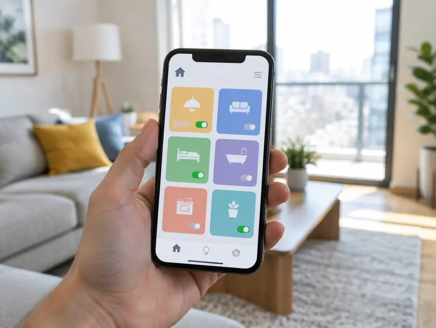 Hand hält ein Smartphone mit einer Smart-Home-App und farbigen Raumkacheln