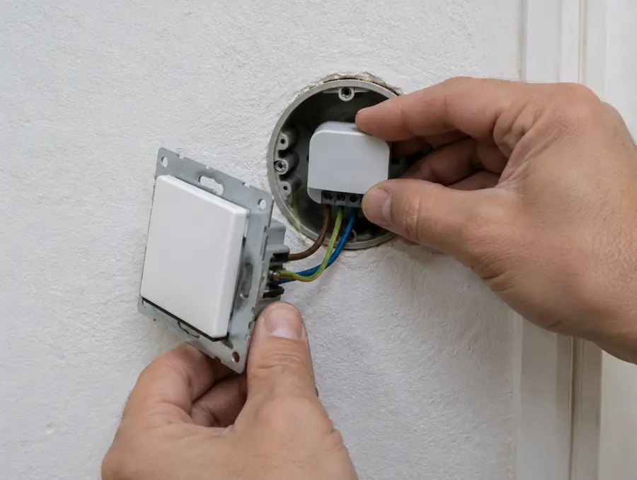 Elektriker setzt ein Funkmodul in eine Unterputzdose hinter einem Lichtschalter