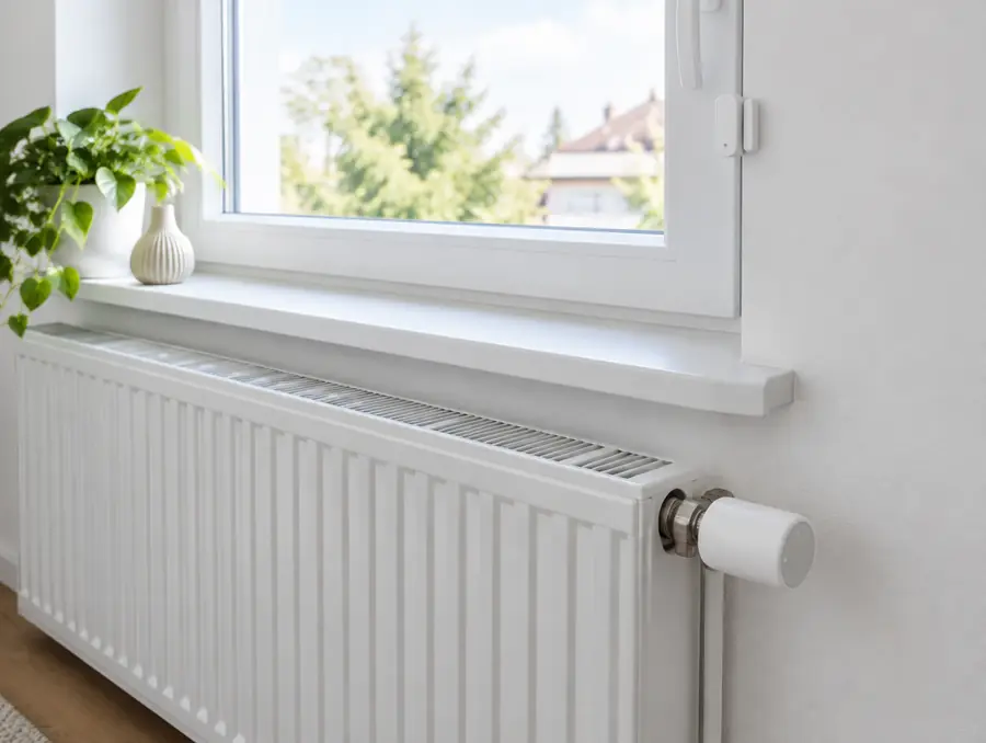 Heizkörper unter einem Fenster mit Funk-Thermostat und Fensterkontakt