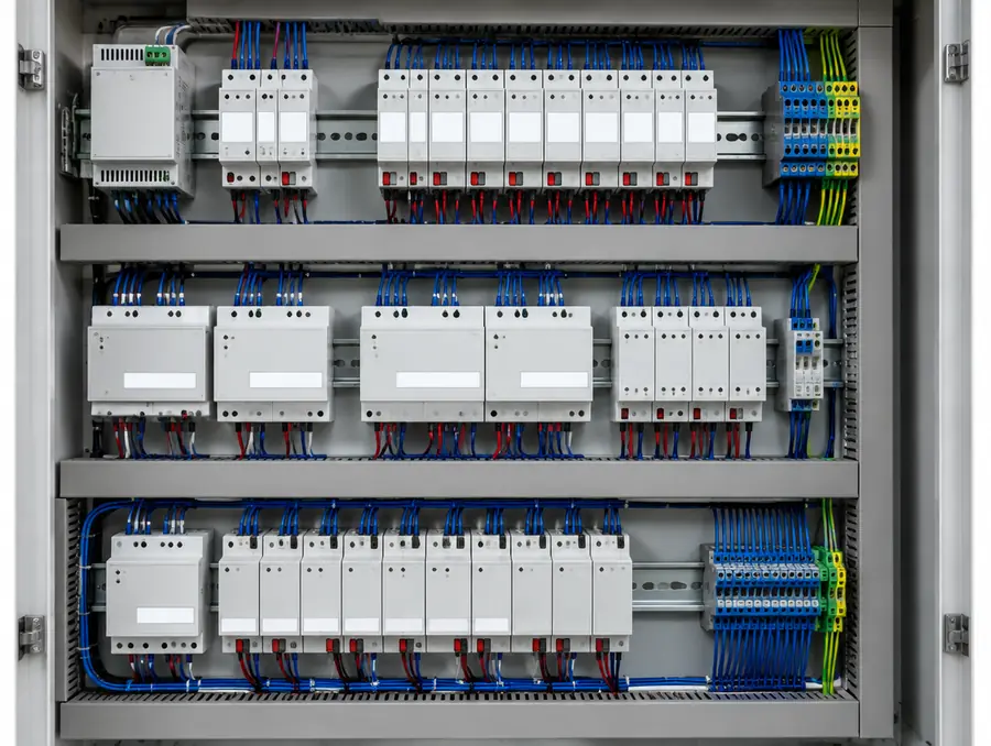 Verteilerschrank mit Hutschienen-Modulen für die Gebäudeautomation
