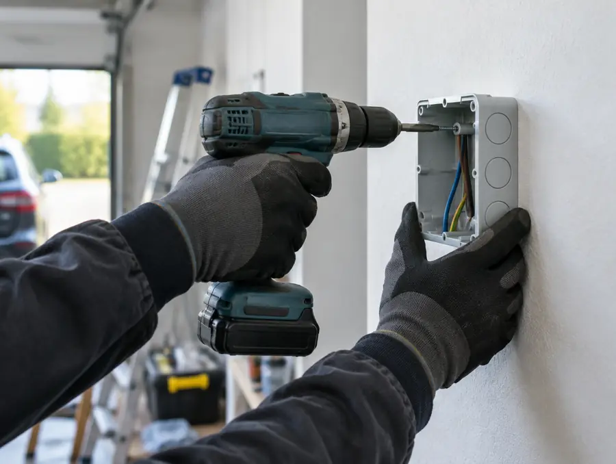 Elektriker montiert einen Anschlusskasten für die Wallbox an der Wand
